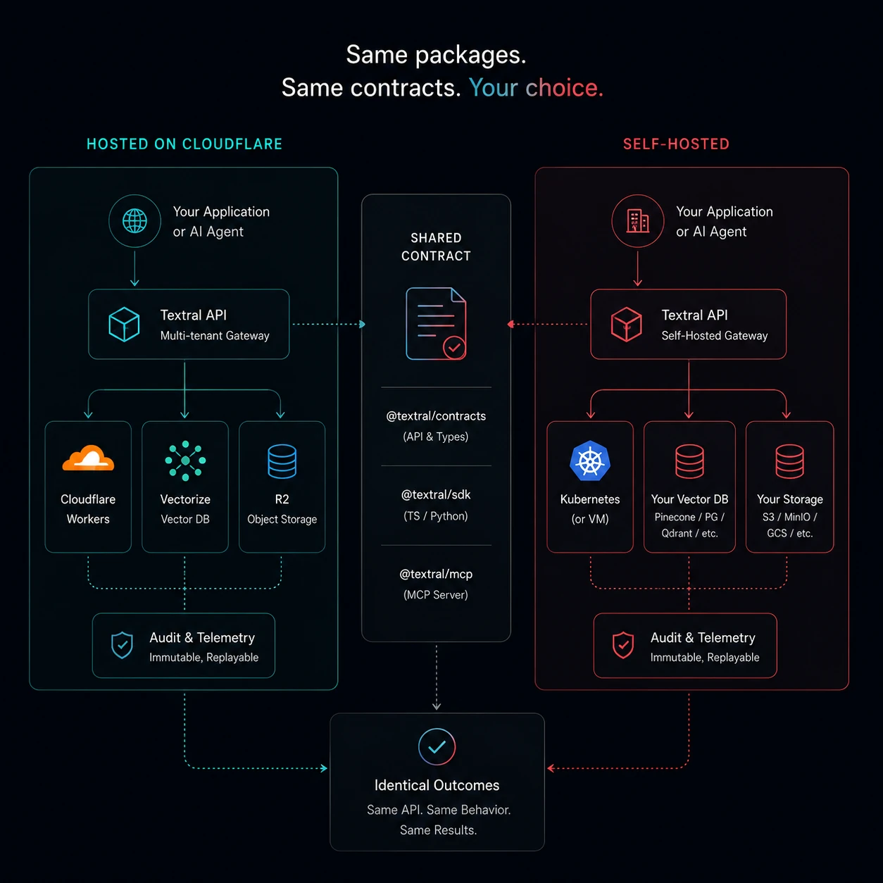 A mirrored architecture diagram with hosted Cloudflare deployment on the left and self-hosted infrastructure on the right, both connected through a shared @textral/contracts and @textral/sdk and @textral/mcp layer that produces identical outcomes.